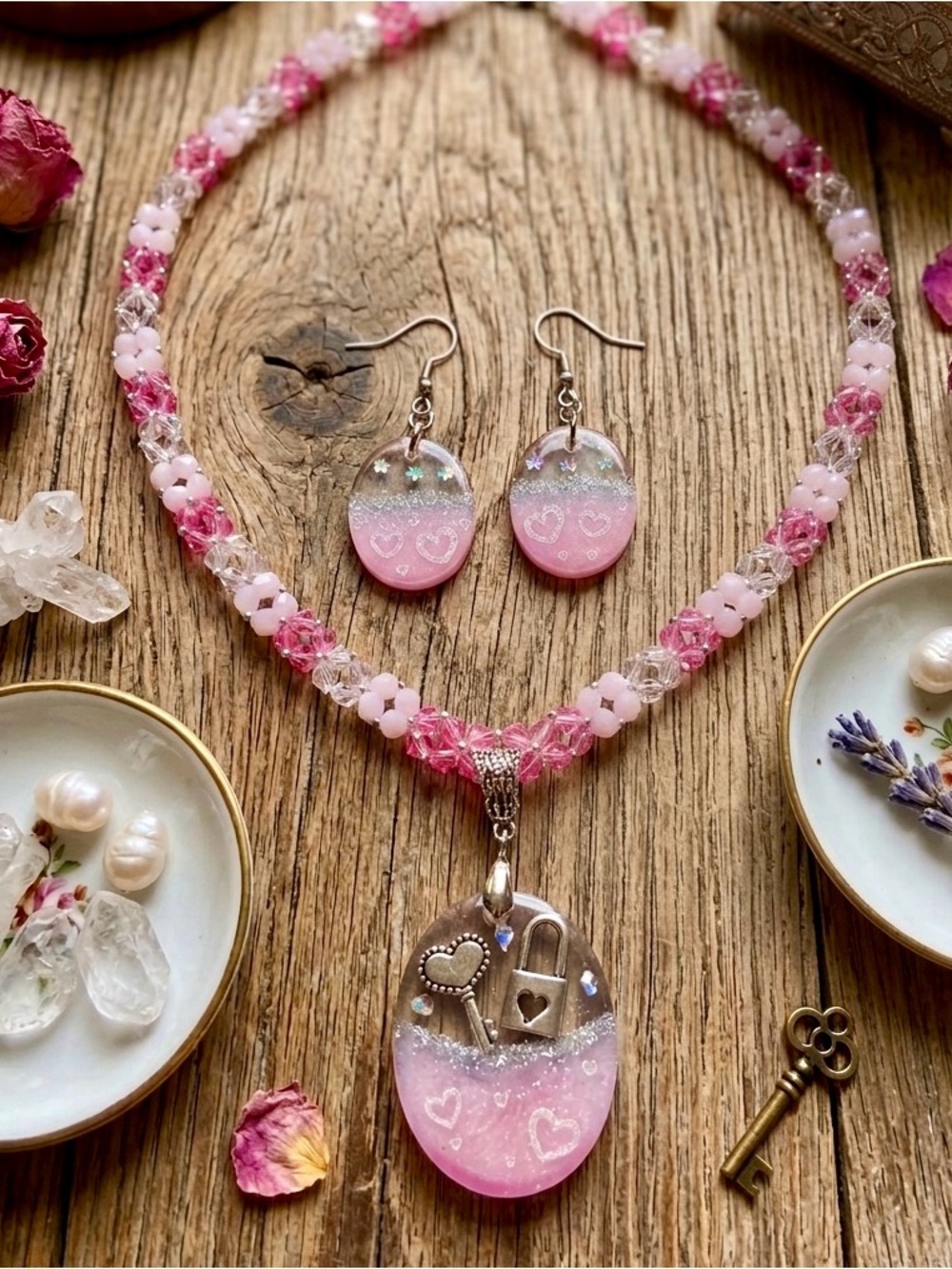 Pink Heart & Lock Pendant Necklace with Matching Earrings